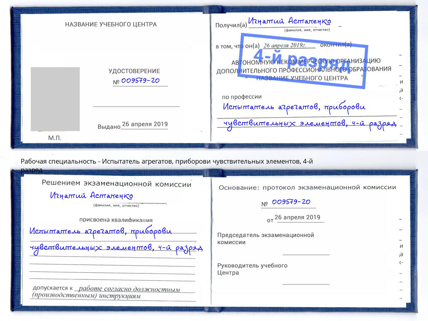 корочка 4-й разряд Испытатель агрегатов, приборови чувствительных элементов Псков