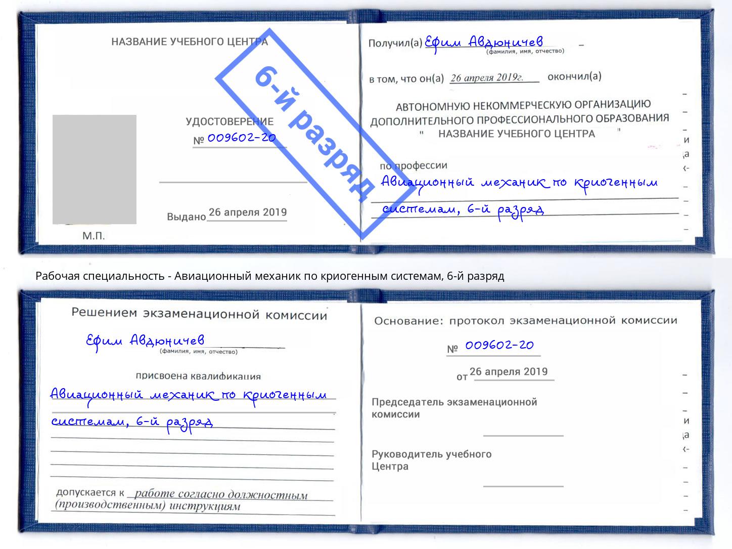 корочка 6-й разряд Авиационный механик по криогенным системам Псков