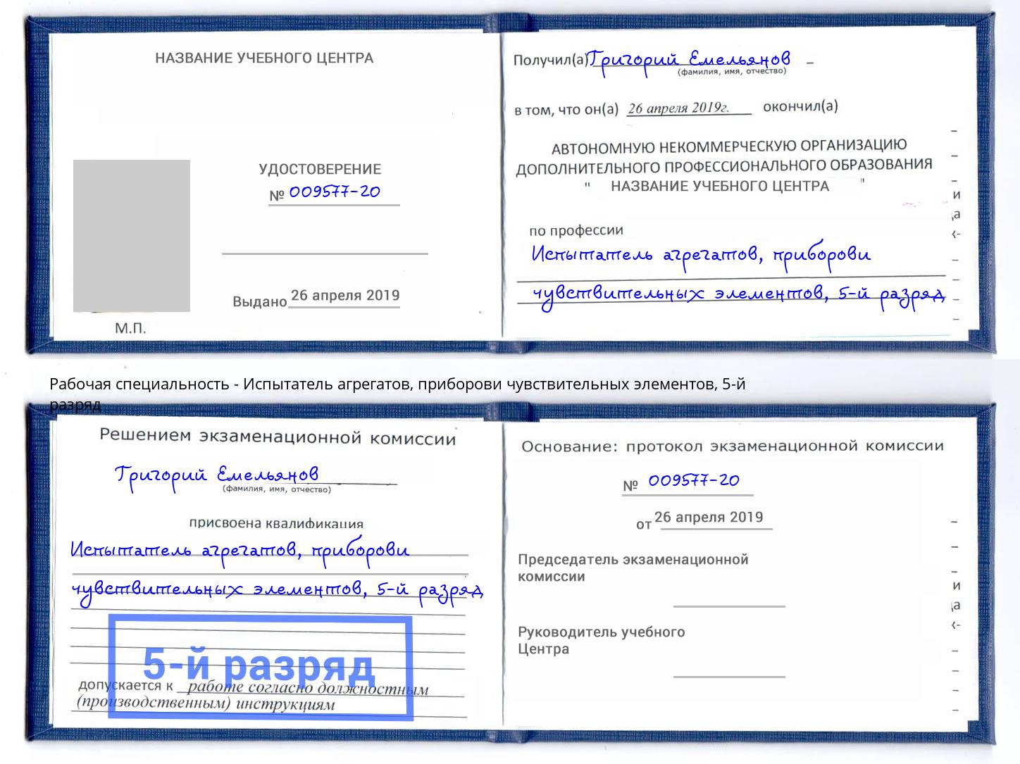 корочка 5-й разряд Испытатель агрегатов, приборови чувствительных элементов Псков