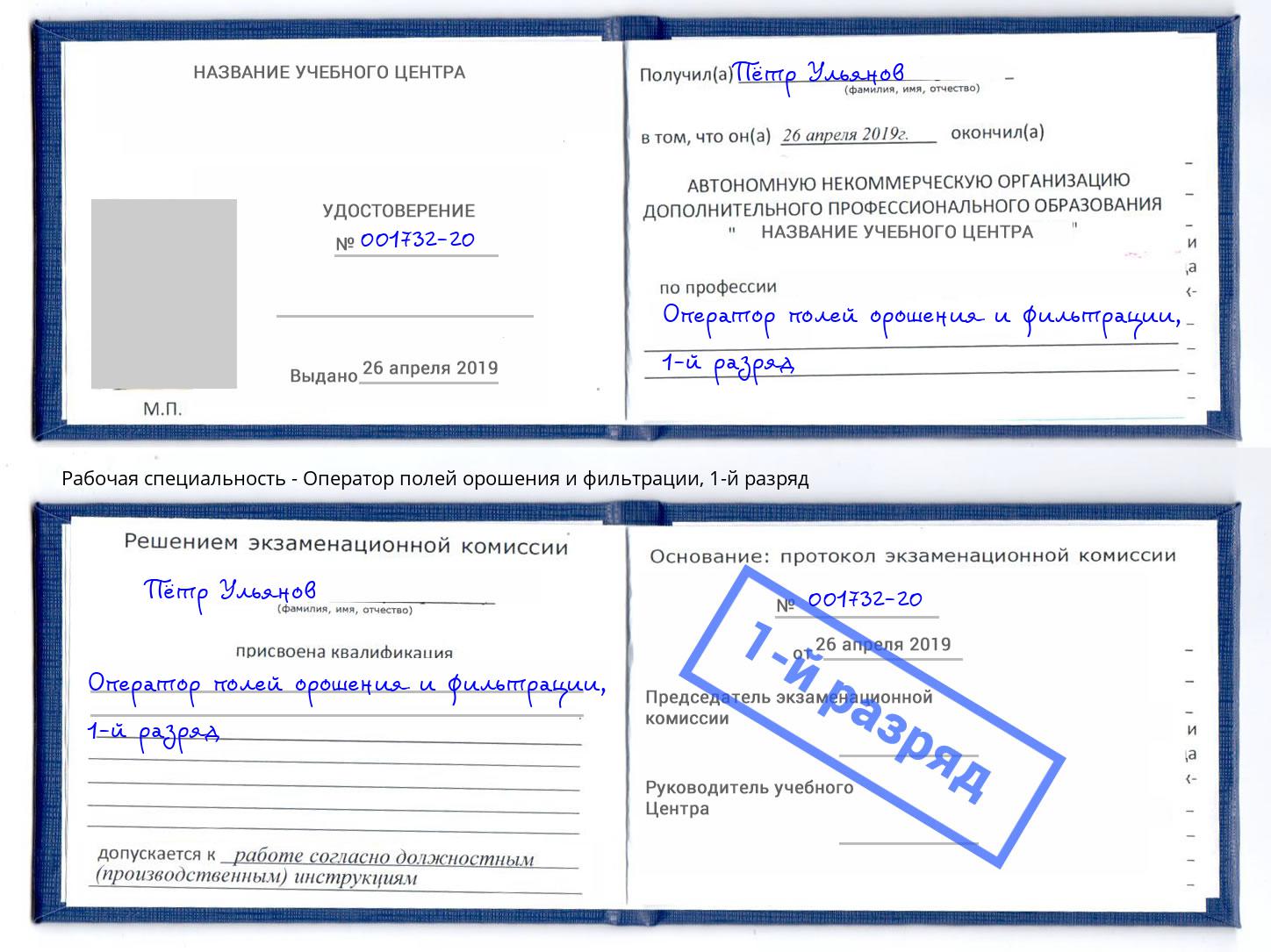 корочка 1-й разряд Оператор полей орошения и фильтрации Псков