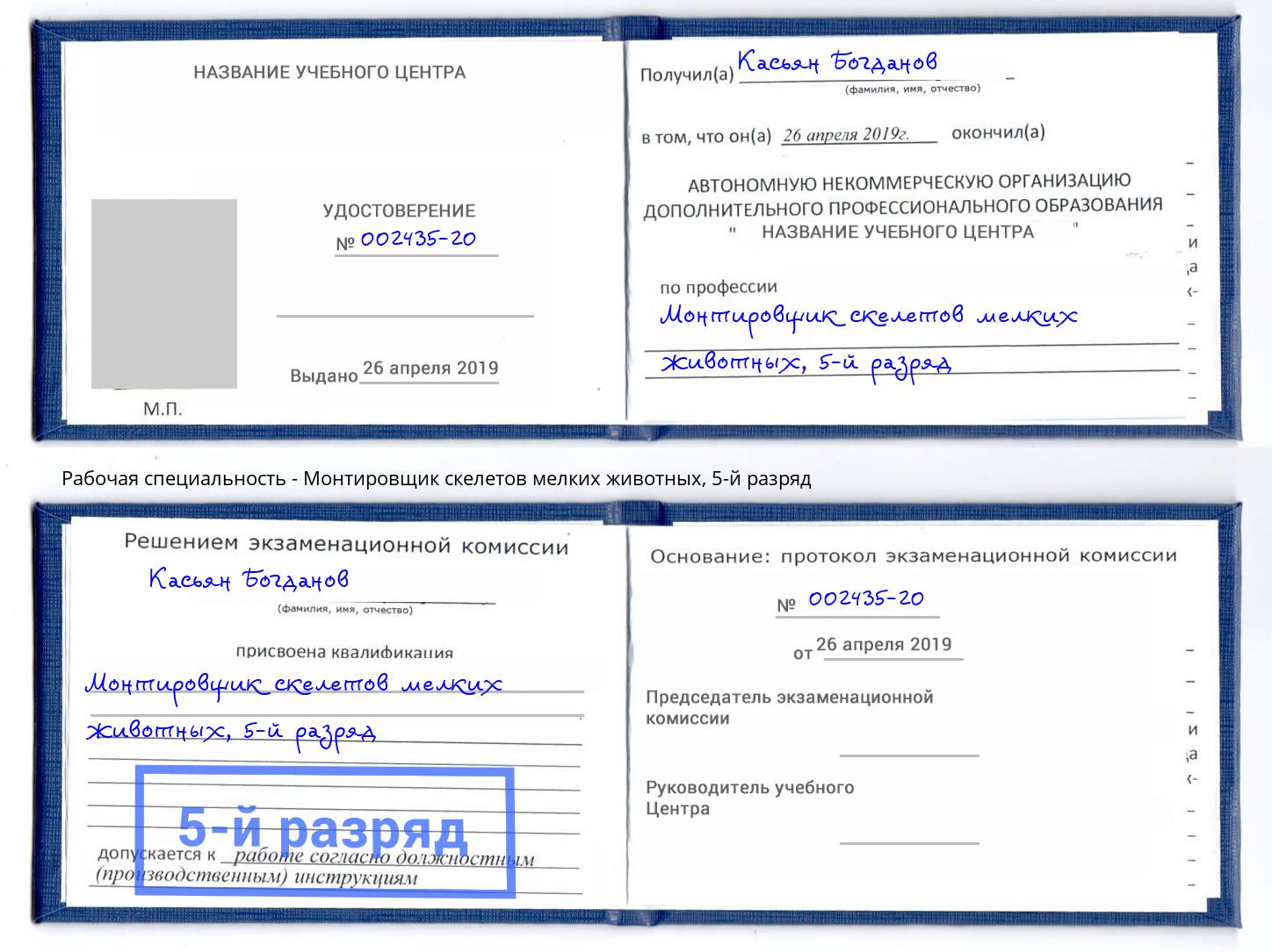 корочка 5-й разряд Монтировщик скелетов мелких животных Псков