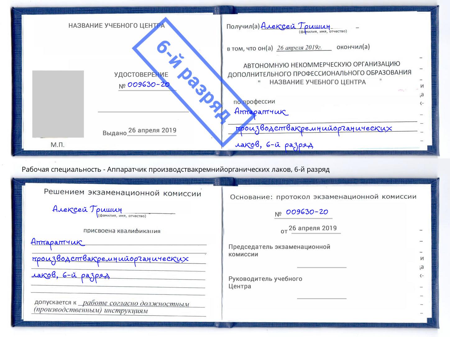 корочка 6-й разряд Аппаратчик производствакремнийорганических лаков Псков